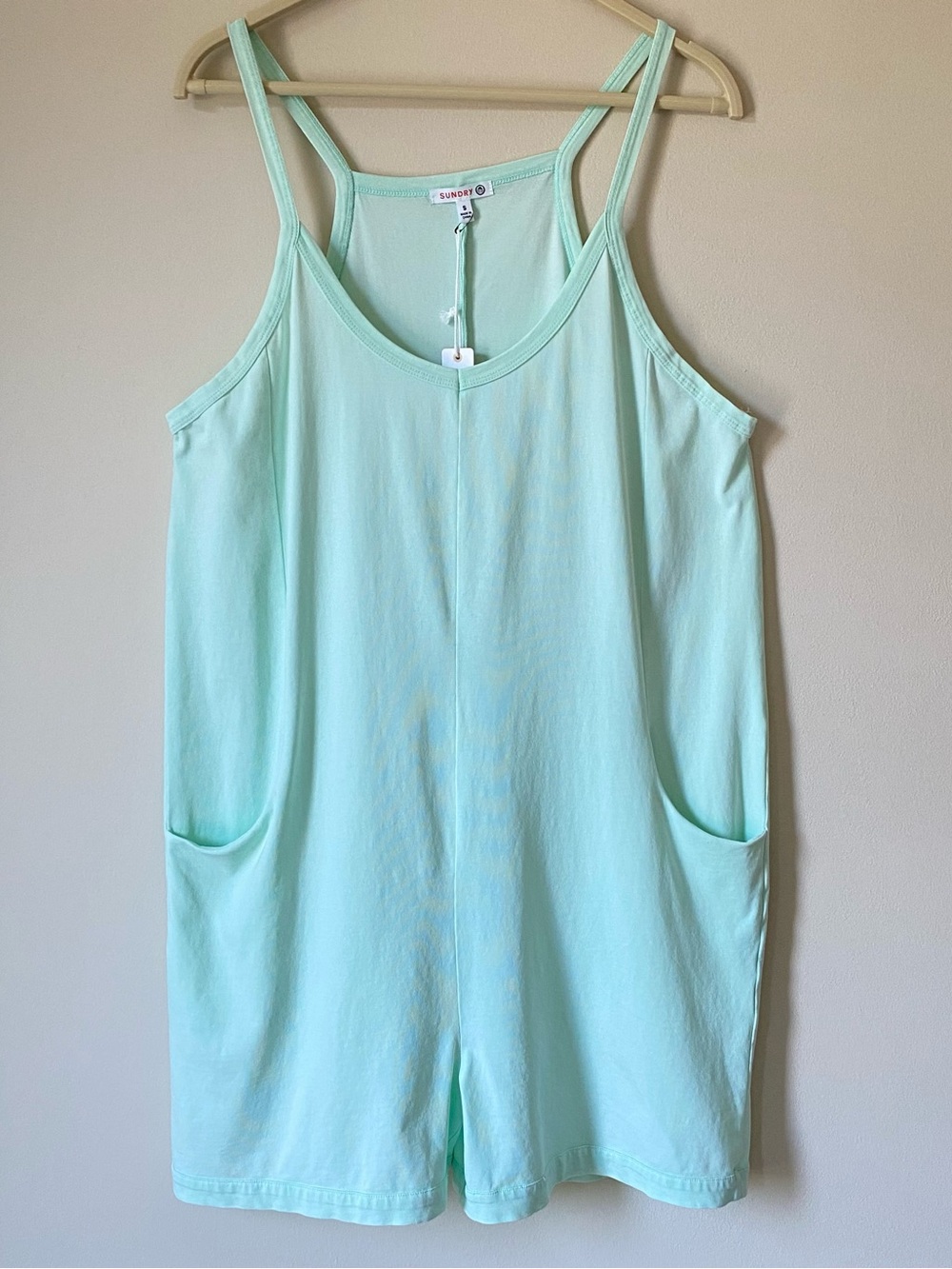 Sundry Anthropologie Mint Green Hot Shot Romper Oversized Lounge Pockets NWT S